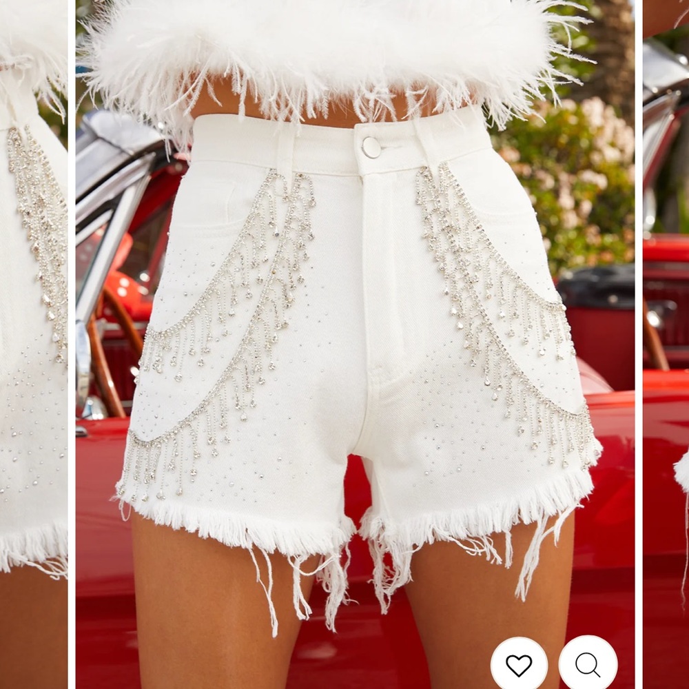 12th Tribe Love Thing White Denim Rhinestone Shorts